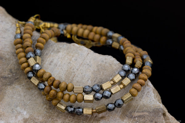 Facetted hematite and wood bead bracelet handmade for your montreal jewellery designer www.elysee.ca