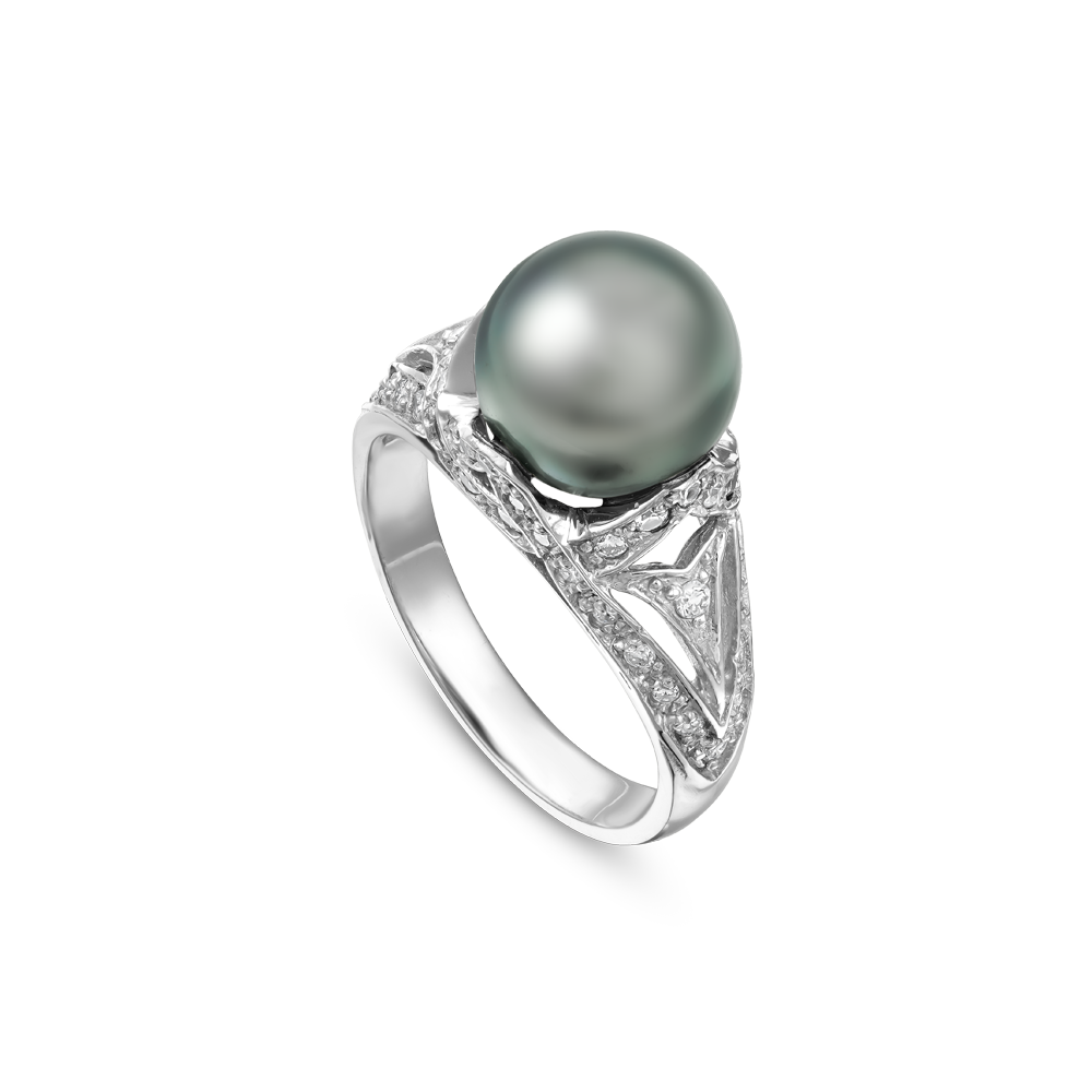 14K WHITE GOLD DIAMOND AND TAHITIAN PEARL RING