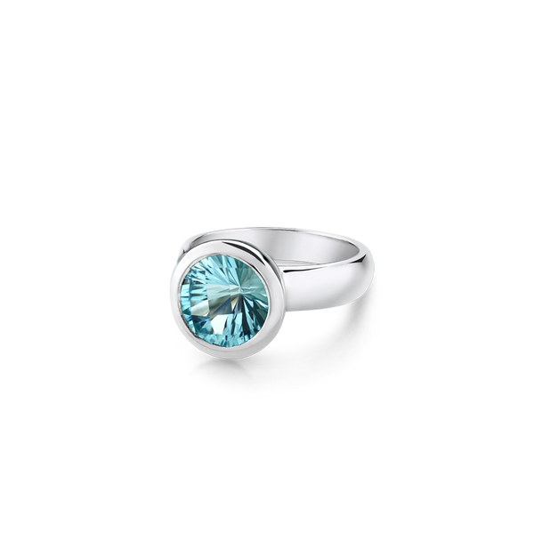 Round Blue Topaz Ring Bezel set in Sterling Silver.  Montreal jewellery Designer www.Elysee.ca