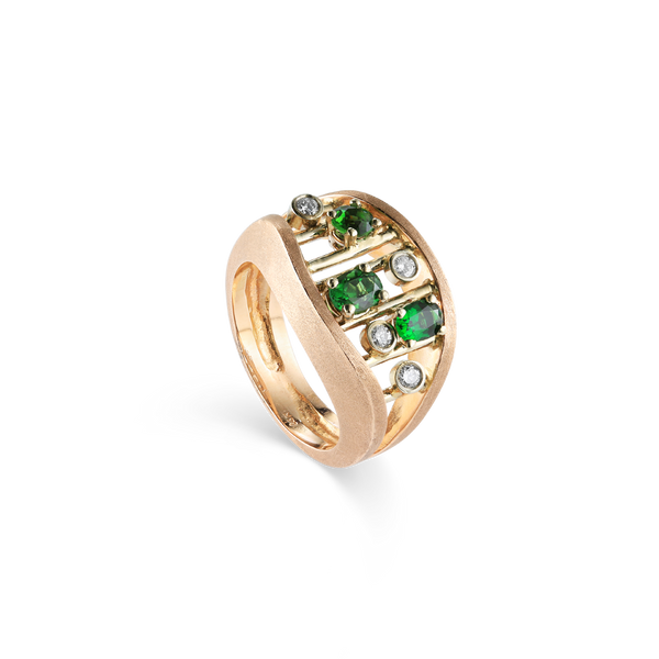 14K PINK GOLD RING WITH GREEN GARNETS AND DIAMONDS