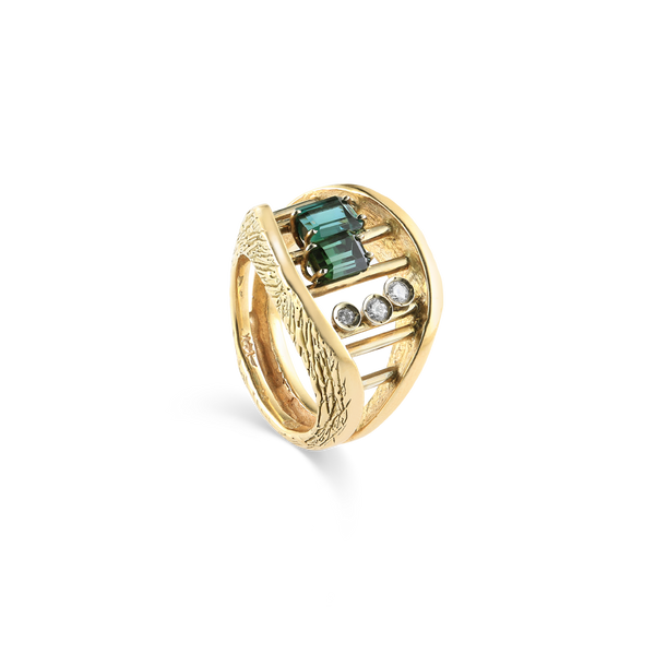 BAGUE EN OR JAUNE 14K AVEC TOURMALINE ET DIAMANTS