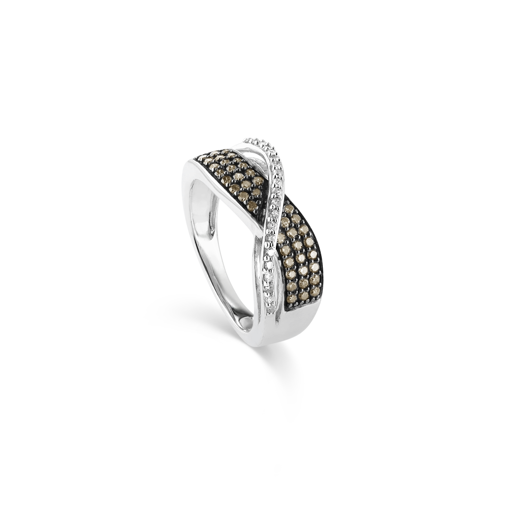 10K White gold ring set with white and champagne diamonds. Montreal jewellery designer www.elysee.ca