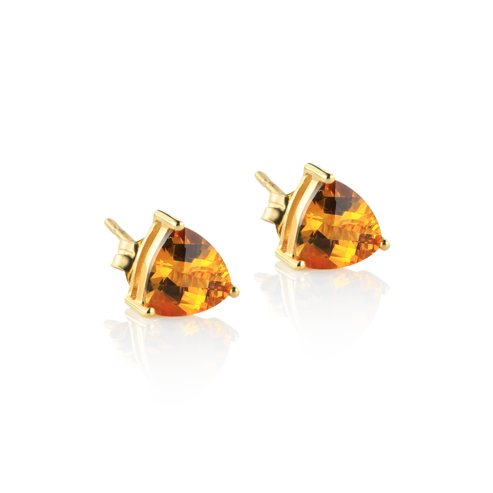 Trillion citrine earrings, citrine montreal, yellow gold citrine earrings, citrine stud earrings, checkerboard citrine studs, checkerboard stones, gold 14K and citrine, 14k gold earrings  Montreal jewellery designer www.elysee.ca