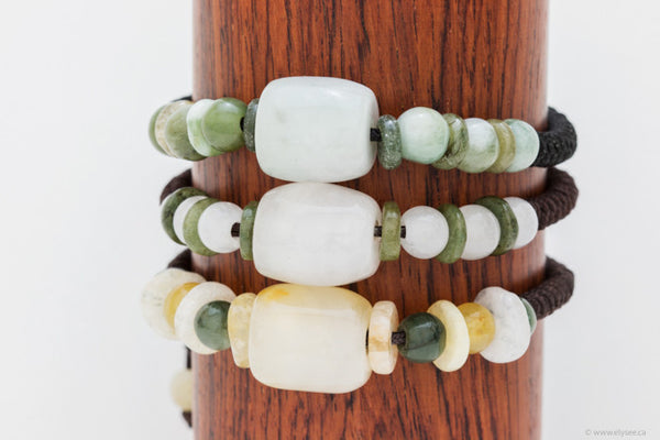 Handwoven Myanmar jade bracelets in assorted colours available at Montreal Jewelery designer www.elysee.ca
