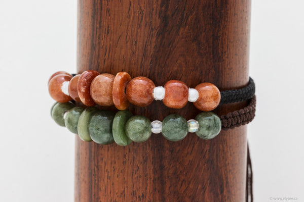 Handwoven green or brown jade bracelets from Myanmar available at Montreal jeweller www.elysee.ca