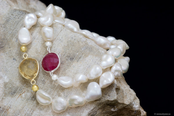 White freshwater pearl with gemstone accent from your montreal jewellery designer www.elysee.ca stacking bracelets