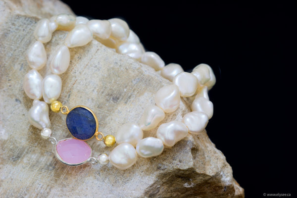 White freshwater pearls with gemstone accent from you montreal jeweller www.eleysee.ca /stacking bracelets
