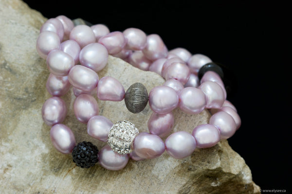 Stacking bracelets of pink freshwater pearls and CZ/oxidised silver accent handcrafted in CANADA by your montreal jewellery designer www.elysee.ca.