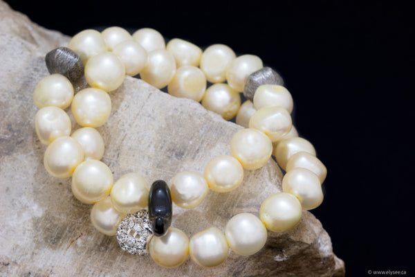 Golden yellow freshwater pearl bracelets with silver accents handcrafted in Canada from your montreal  jewellery designer www.elysee.ca