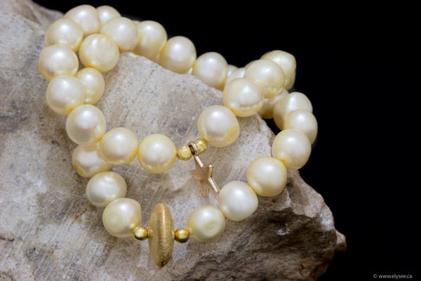 Stacking bracelets in golden yellow pearls with gold accents handcrafted in canada by your montreal jeweller www.elsyee.ca