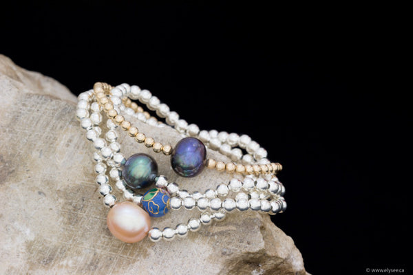 Elasticized silver plated bead bracelet with freshwater pearl /cz or cloisonné accent - stacking bracelets montreal jewellery designer.