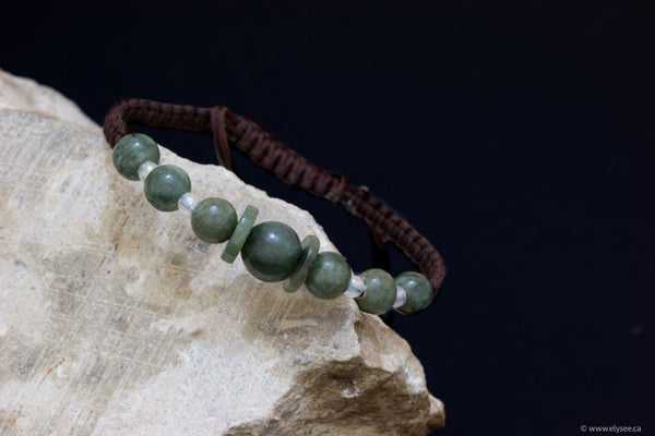 Handwoven green or brown jade bracelets from Myanmar available at Montreal jeweller www.elysee.ca