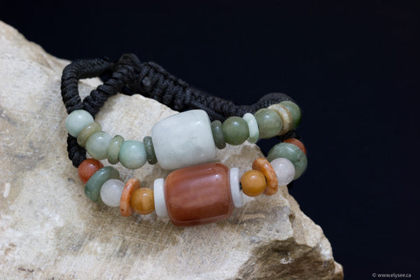 Assorted coloured jade bracelet handwoven in Myanmar for Montreal jewellery designer www.elysee.ca