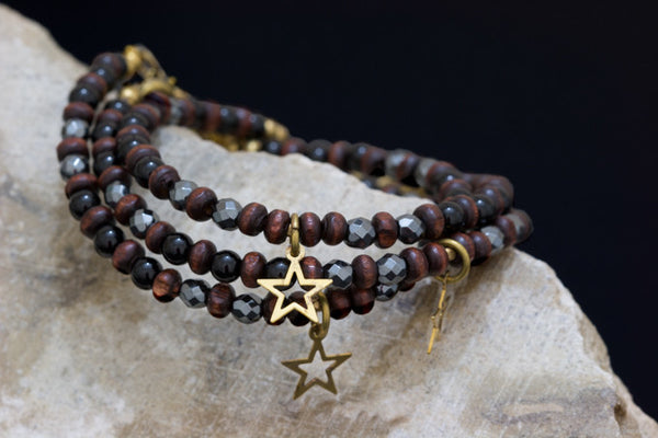 Onyx, facetted hematite and wood bead bracelet handcrafted for your montreal jewellery designer www.elysee.ca
