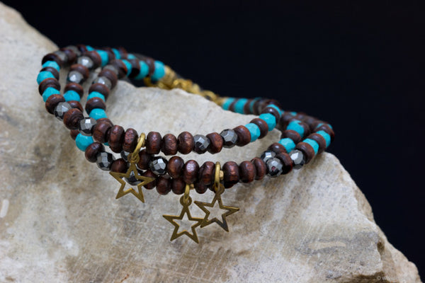 Turquoise, Wood Bead and Hematite Bracelet