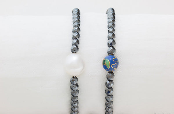 Hematite bead bracelets handcrafted in Canada by montreal jewellery designer.