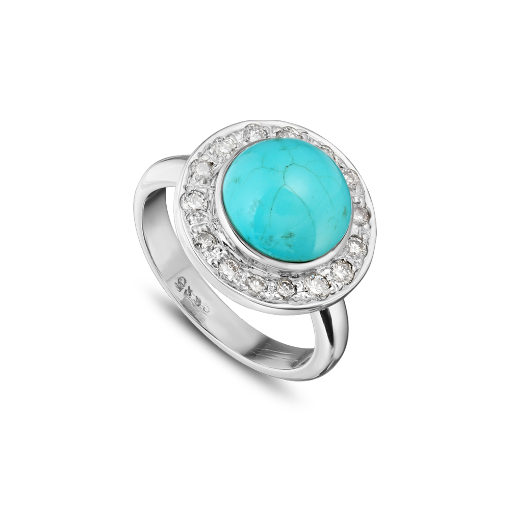 14K WHITE GOLD ROUND PERSIAN TURQUOISE CABOCHON & DIAMOND RING