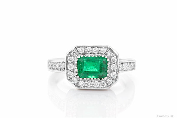 14K White gold, diamond and green Colombia emerald ring Montreal jewellery designer www.elysee.ca