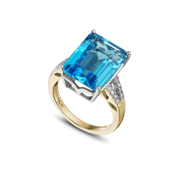 10K Yellow gold, blue topaz and diamond ring. Montreal jewellery designer www.elysee.ca